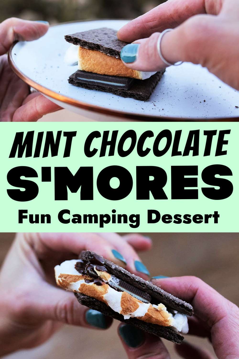 mint chocolate gourmet smores for camping with chocolate graham crackers, toasted marshmallows, and mint chocolate