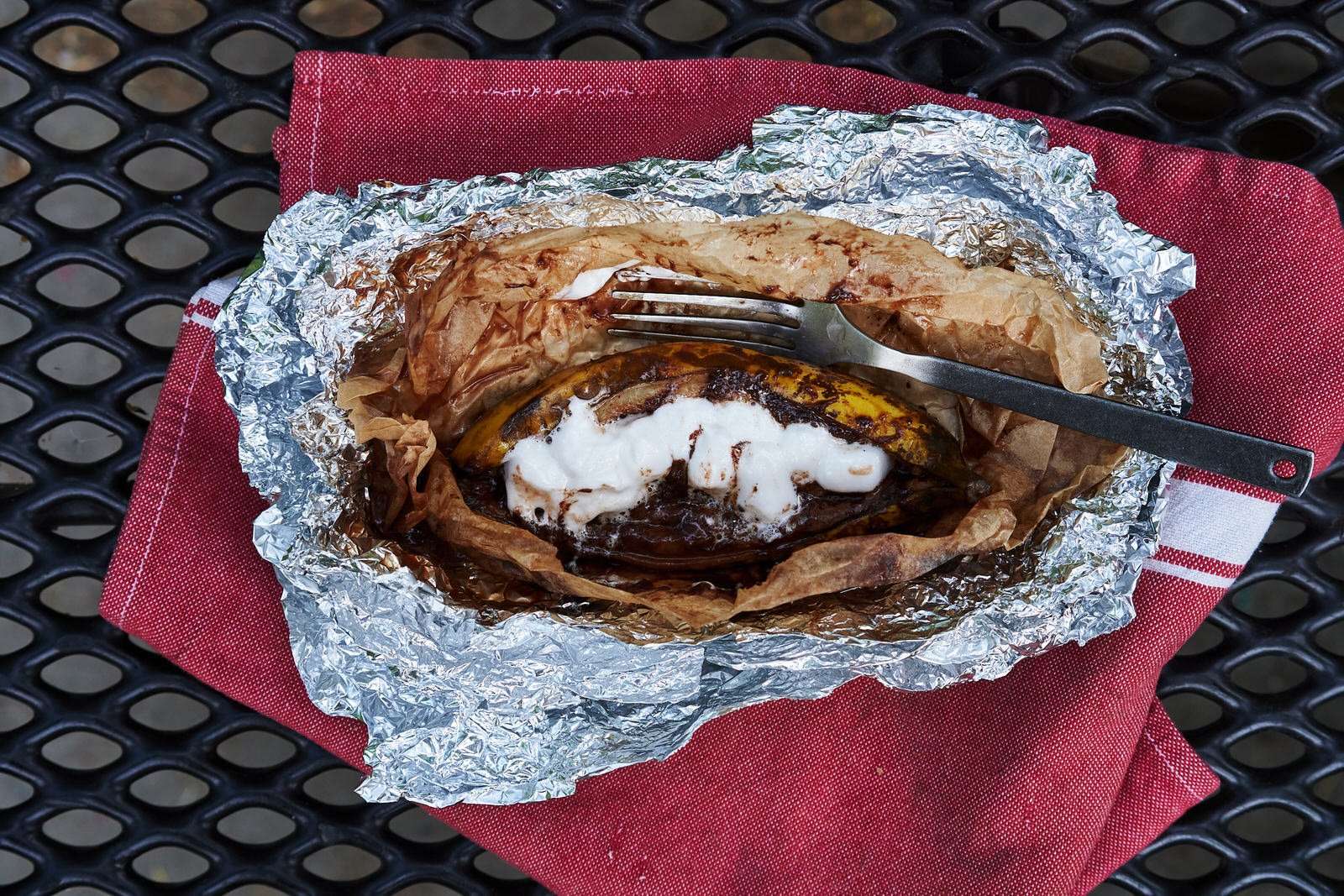 Cooked campfire banana boats