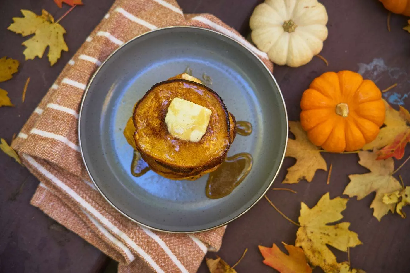 overhead of pumpkin pancakes made at camp