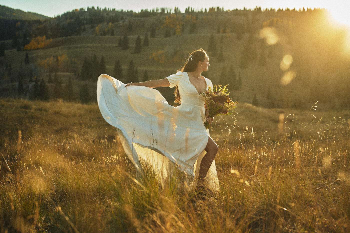 bride at sunset with a white dress