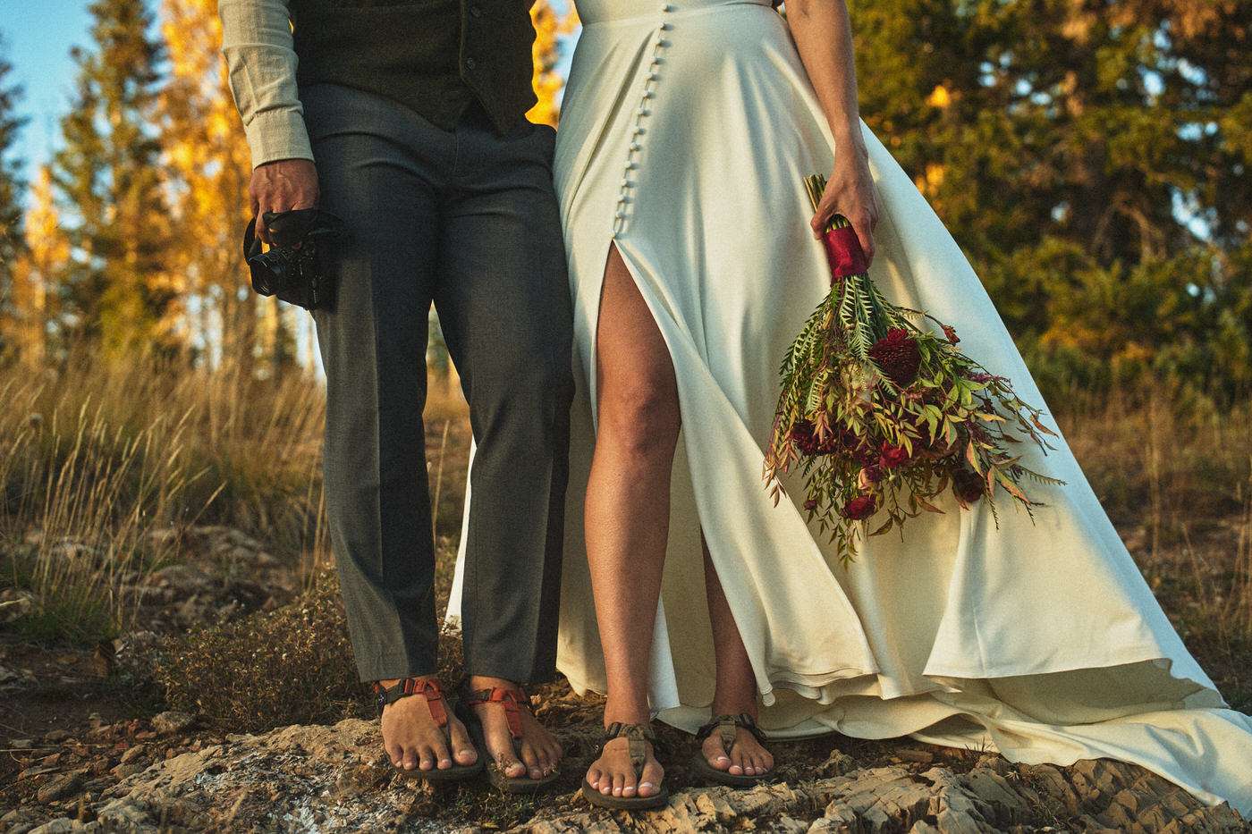 bride and groom in Bedrock sandals on their wedding day