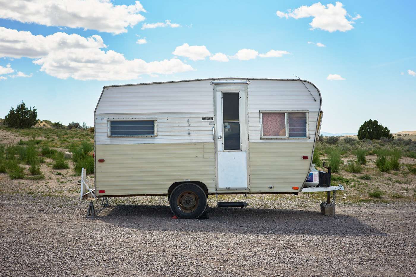 original side exterior of our 1960s vintage camping trailer before renovation