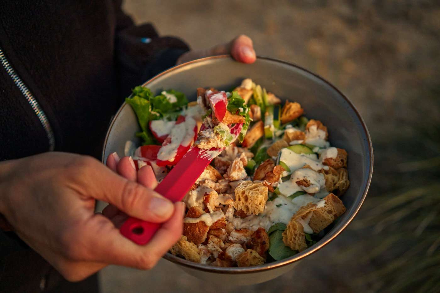 chicken caesar salad while camping