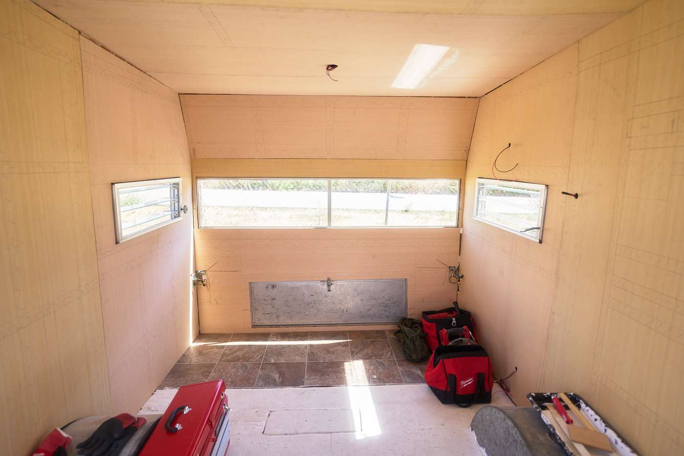 new walls are installed looking towards the back of the trailer