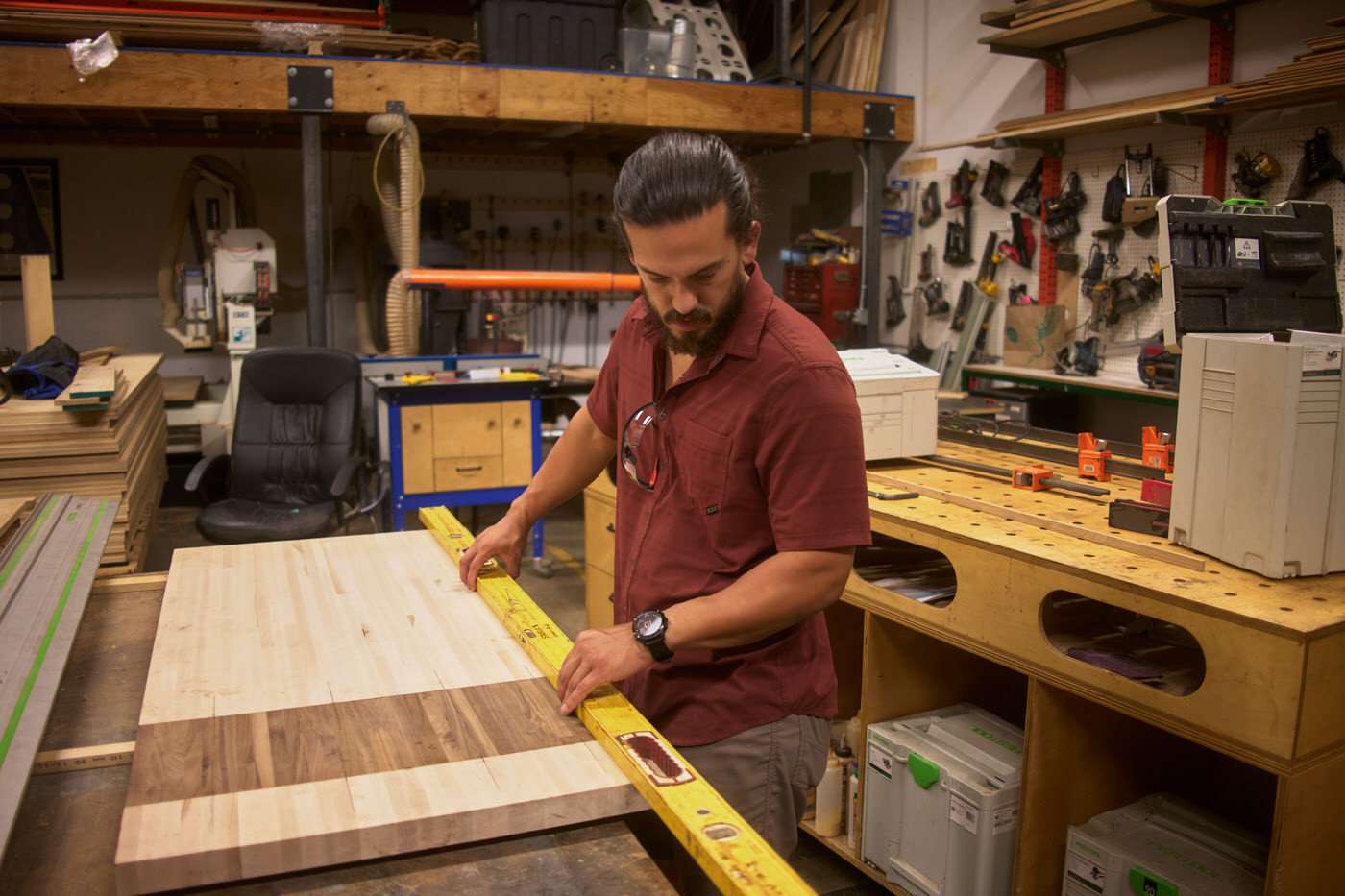 measuring and cutting butcher block for tiny camper remodel