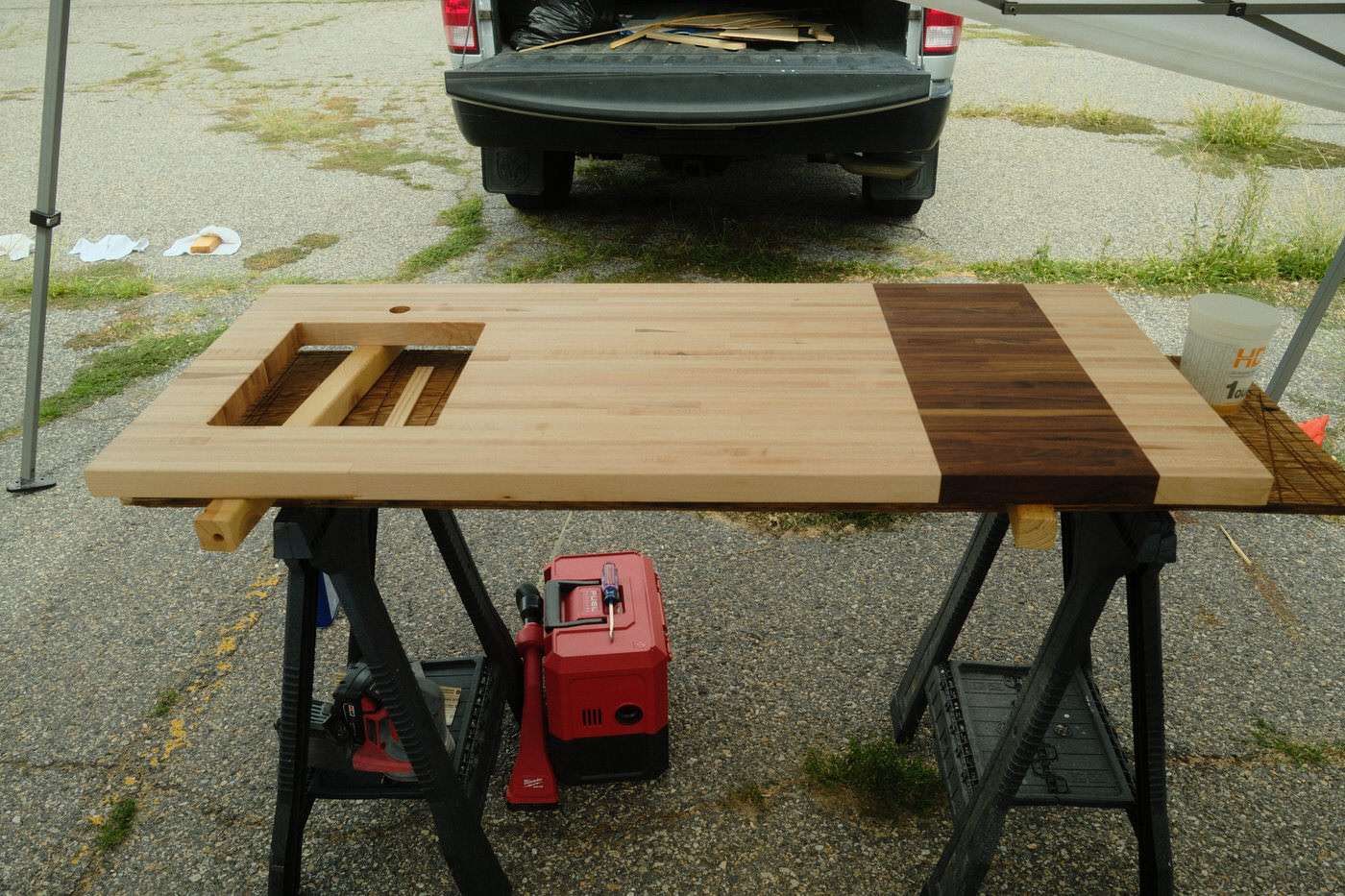 butcher block countertop for a 1960s vintage camper kitchen