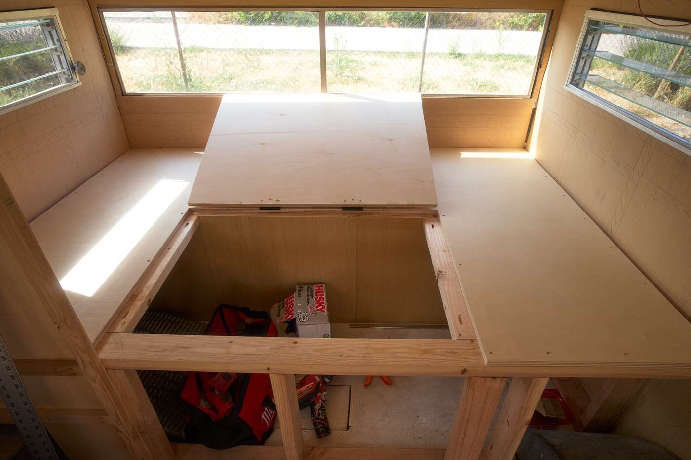 large door opening in our camper bed area rebuild