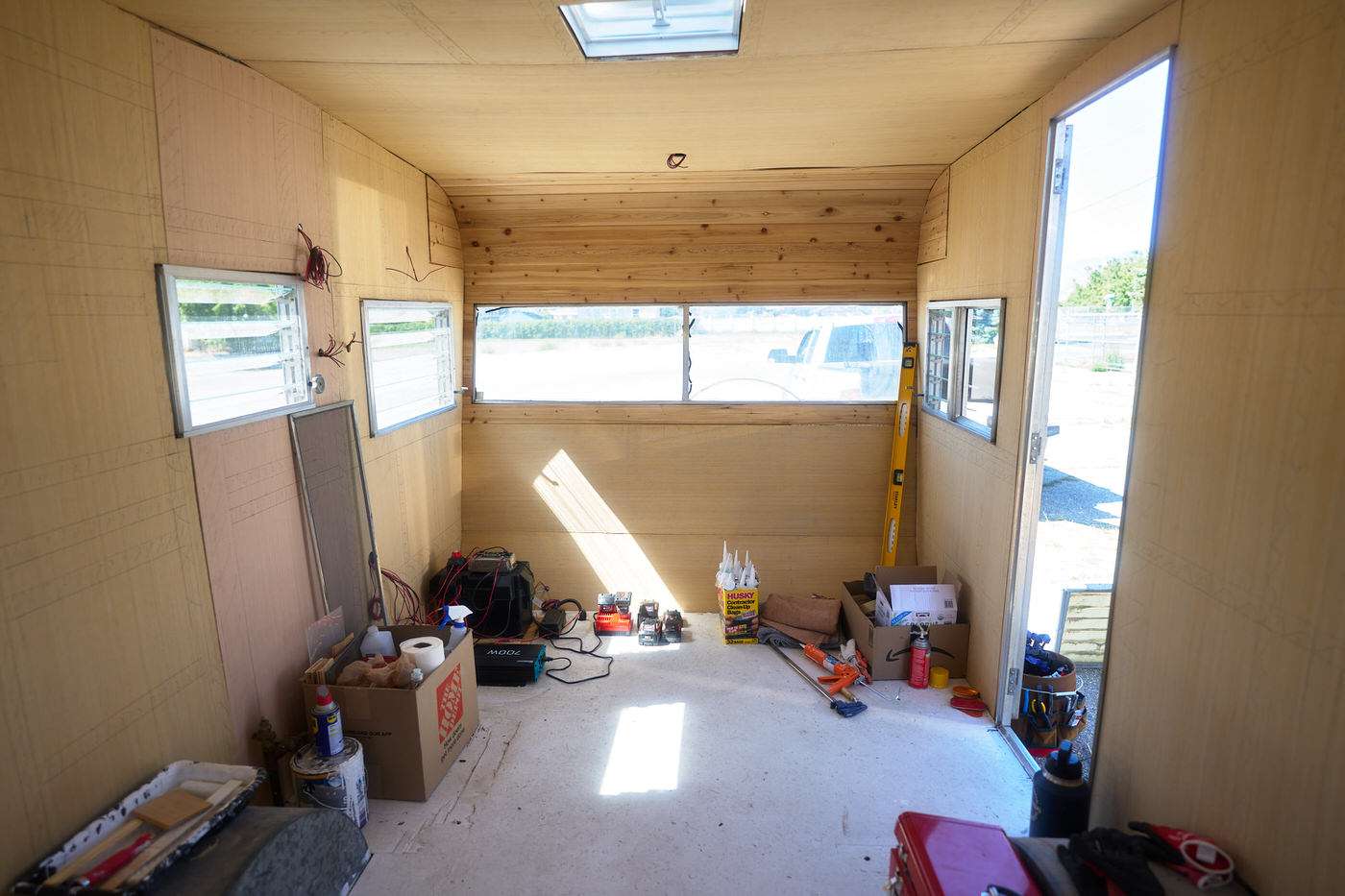 looking towards the front of the trailer after the interior walls are installed