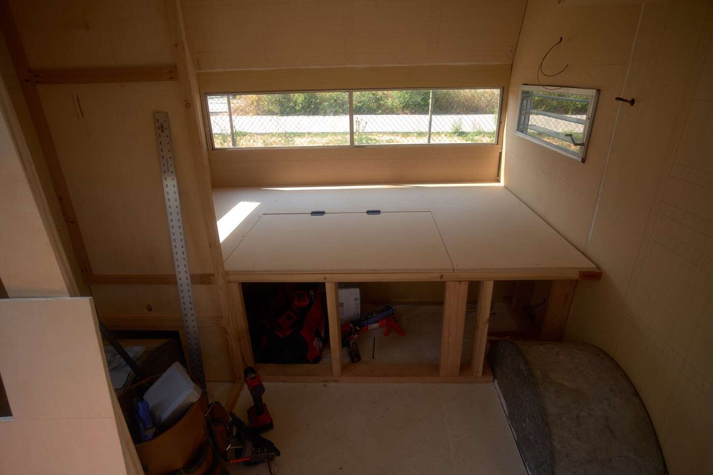 The new bed platform in a vintage camper rebuild