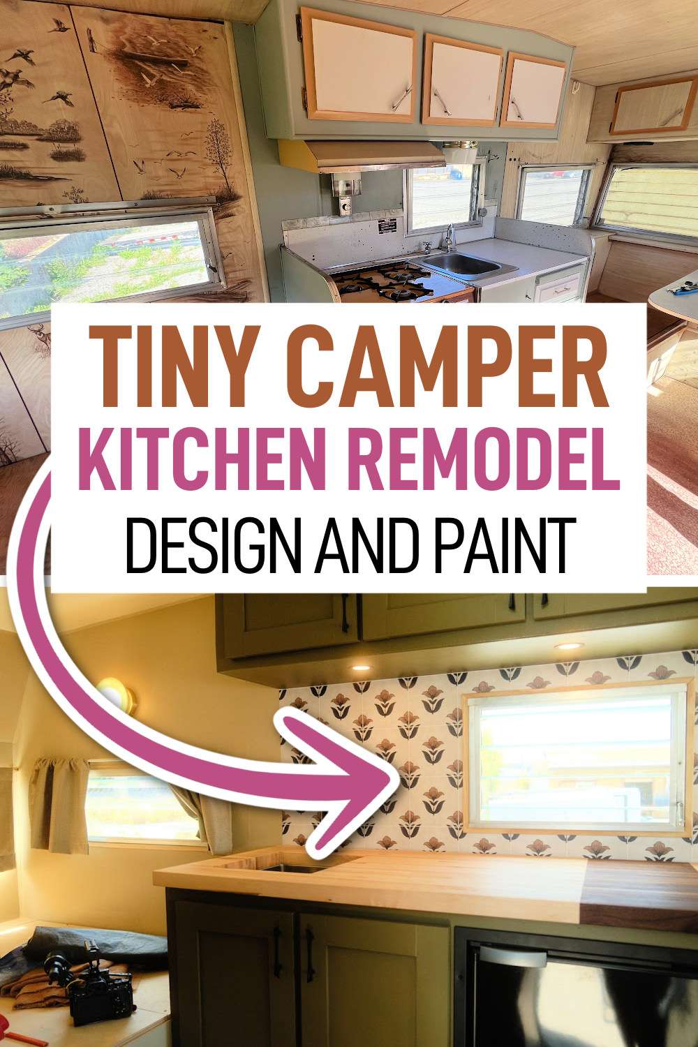 before and after photos in a tiny camper kitchen remodel project