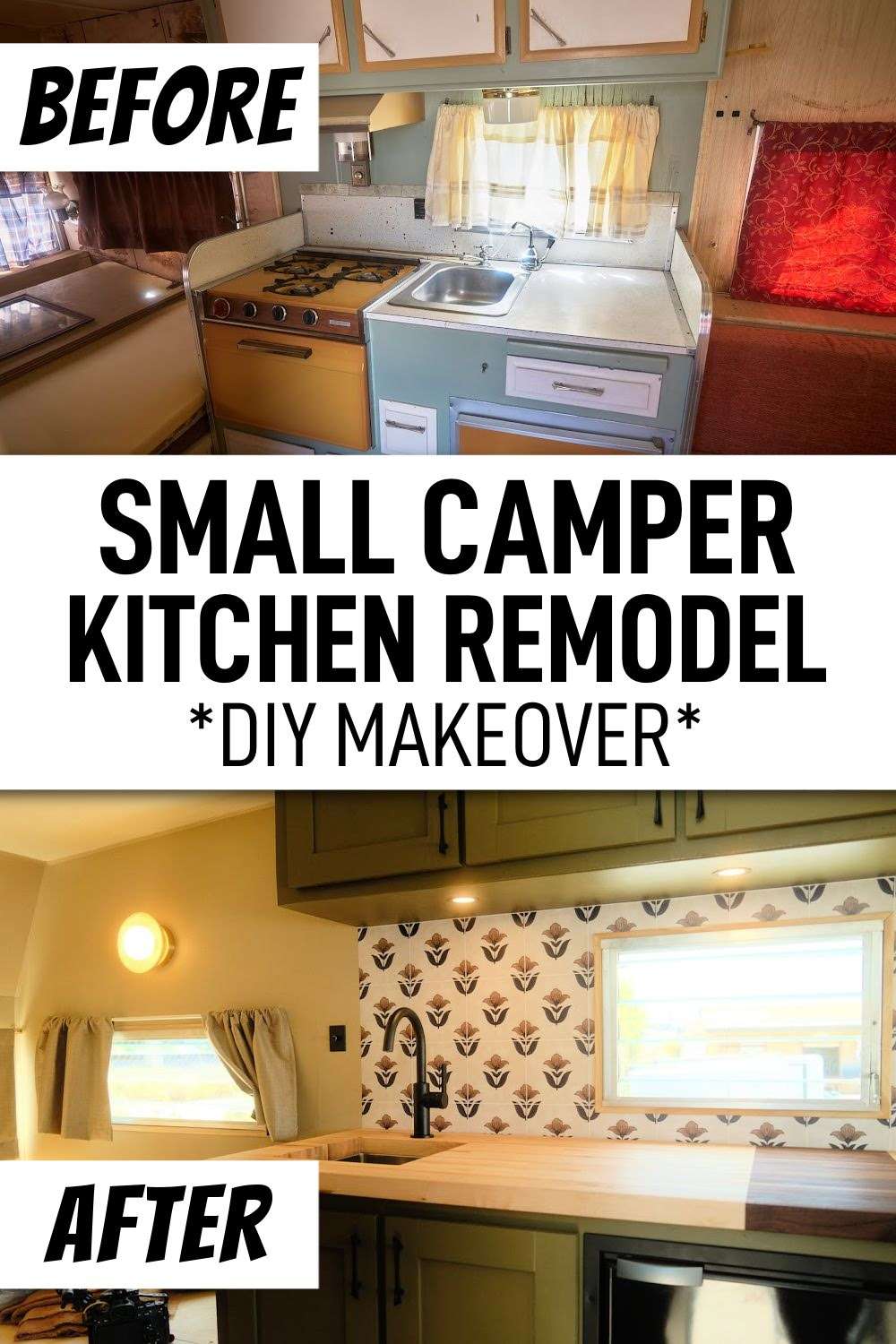 before and after photos of a 1960s vintage camper kitchen makeover