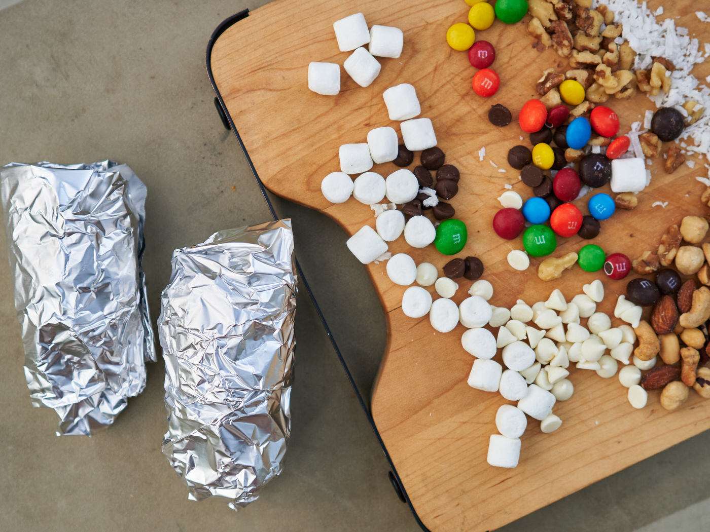 Campfire cones wrapped in foil before cooking over the campfire