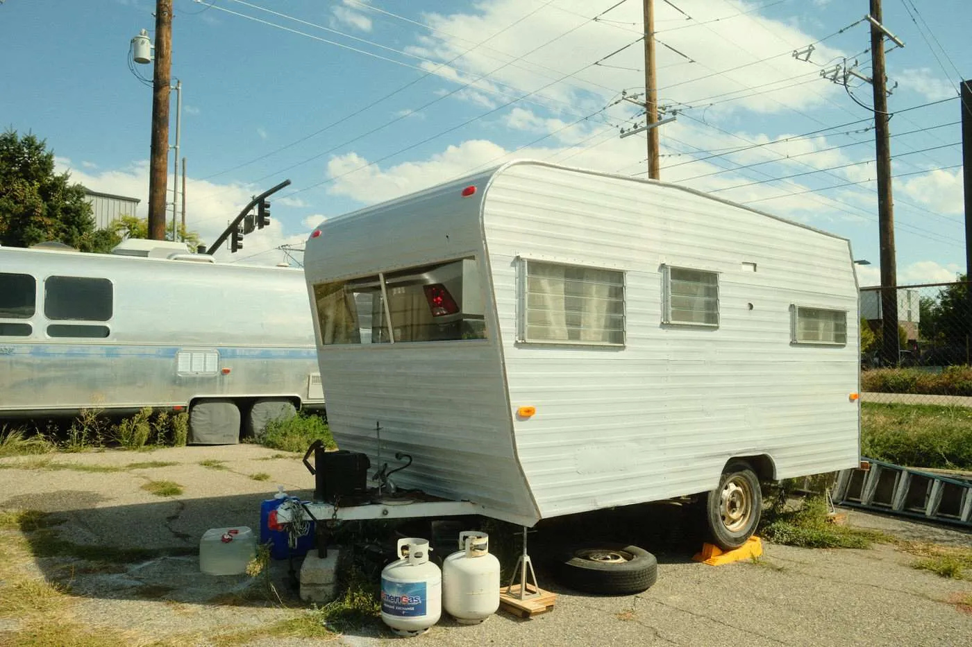 Aluminum primer on the exterior of a 1960s vintage camper 