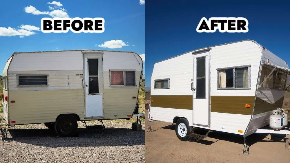 exterior of a vintage camper before and after painting makeover