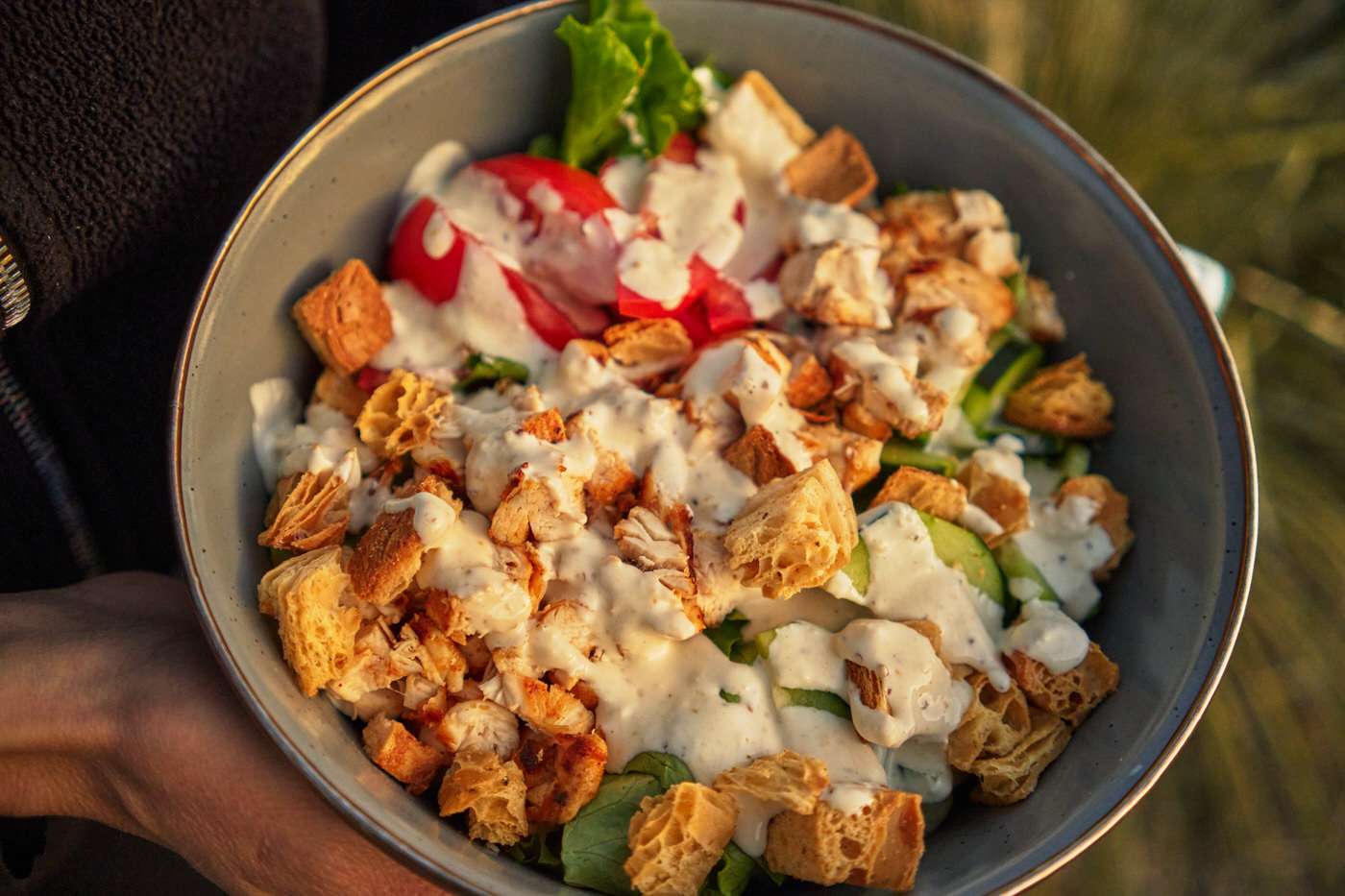 chicken caesar salad for high protein healthy camping dinner 