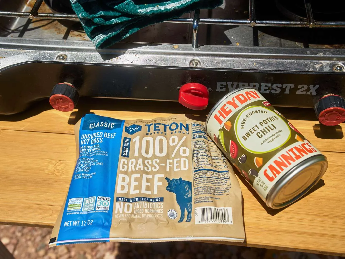 grass-fed beef hot dogs and canned chili for chili dogs camping meal